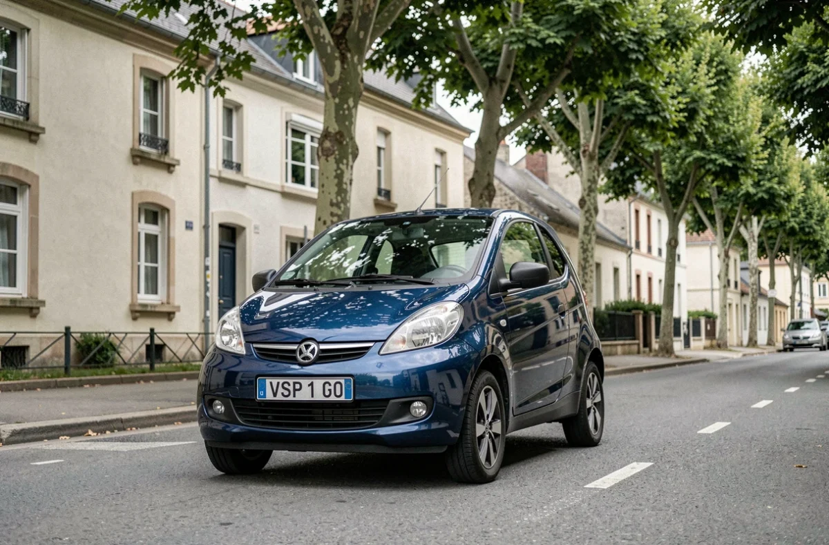 Voiture sans permis Microcar bleue garée dans une rue résidentielle française avec des arbres et facades en arrière-plan