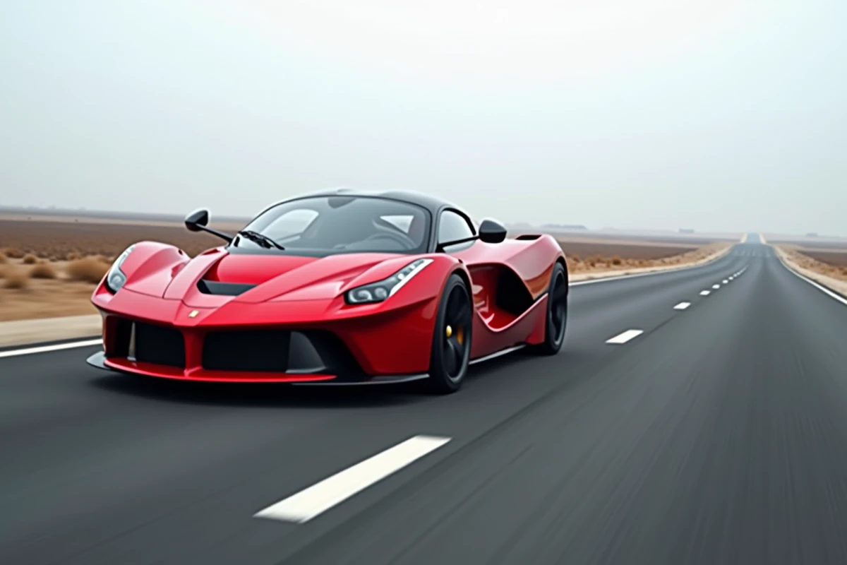 Voiture de sport rouge sur autoroute illustrant une vitesse de 200 mph soit 320 km/h