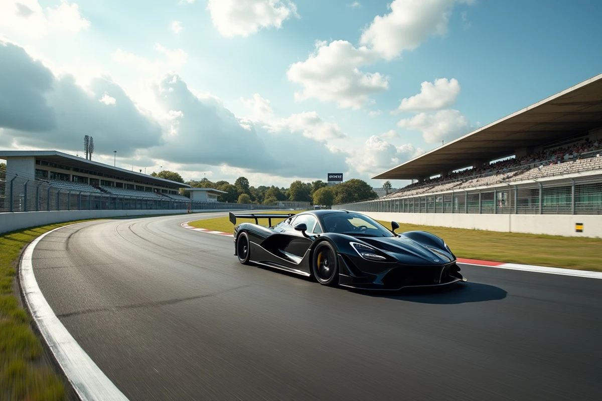 Voiture de sport noire en train de prendre un virage sur un circuit de pilotage professionnel avec infrastructure et stands visibles