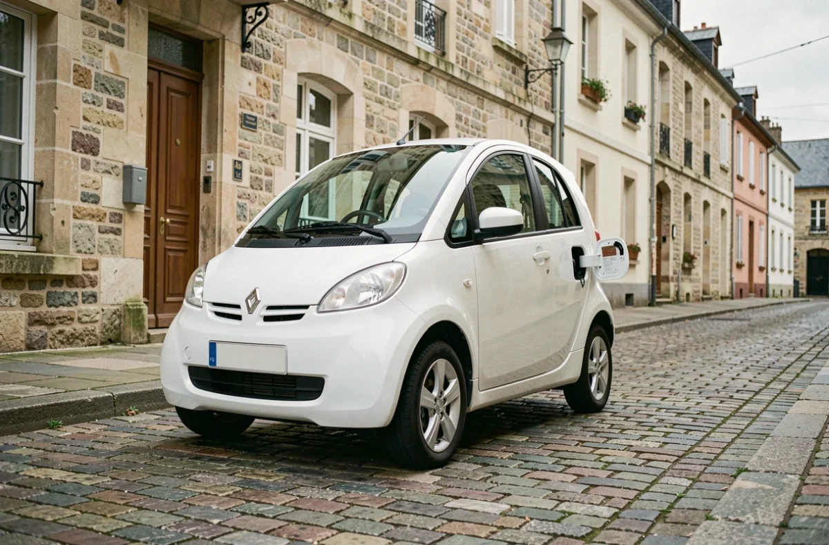 Voiturette électrique blanche garée dans une rue pavée d'une ville de province française