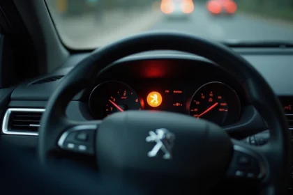 Voyant orange rond allumé sur le tableau de bord d'une Peugeot 308, signalant une alerte mécanique à surveiller